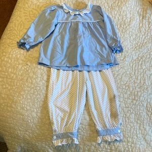 The smocking place two piece long sleeve set with ruffle neck